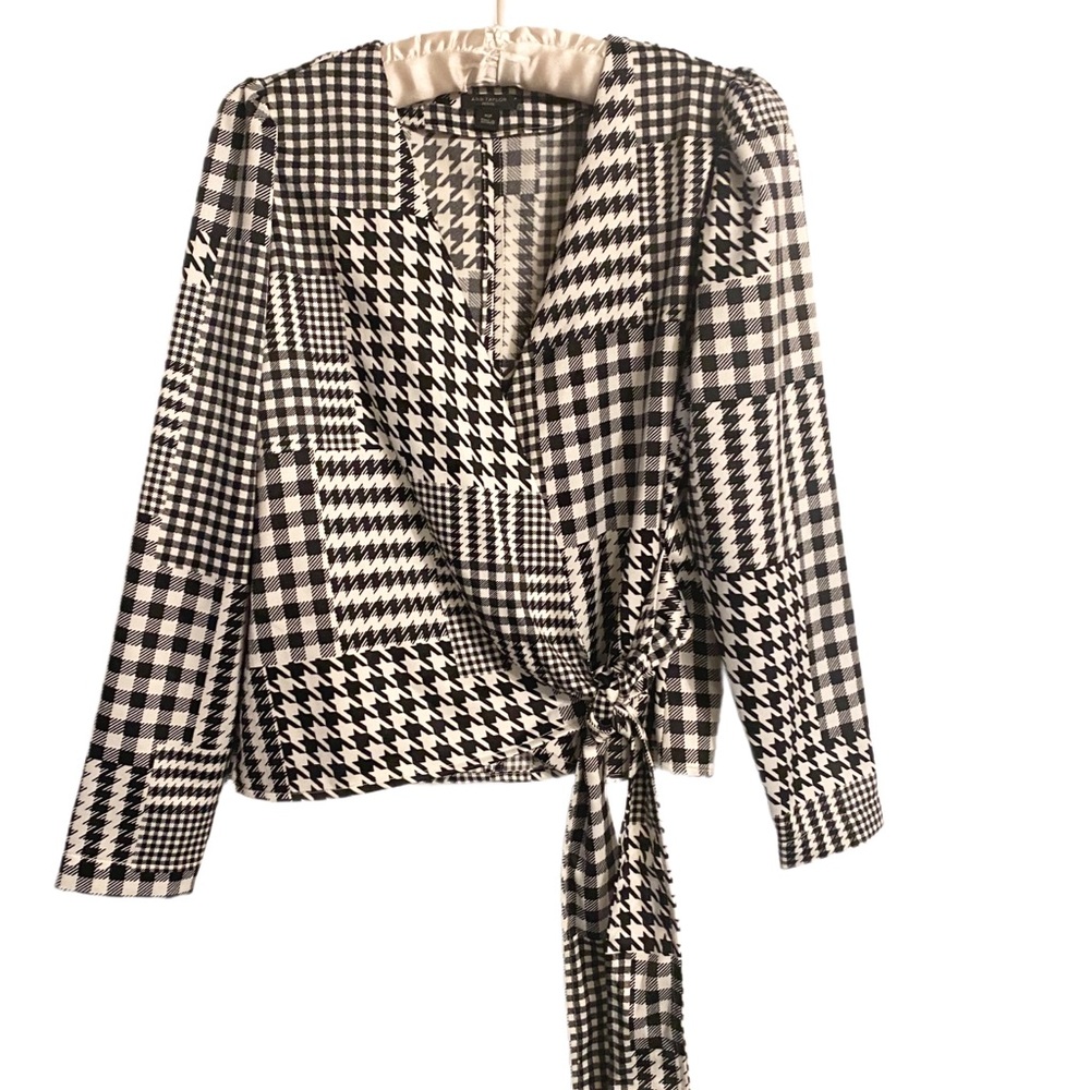 Ann Taylor Plaid Puff Sleeve Wrap Top XSP